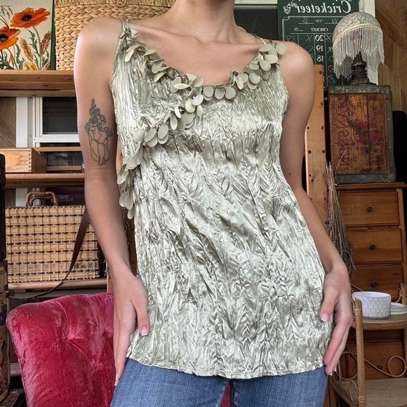 Lapima Tops - Lapis Sage Green Crinkle Metallic Camisole Petal Trim Strappy Tank Top Medium